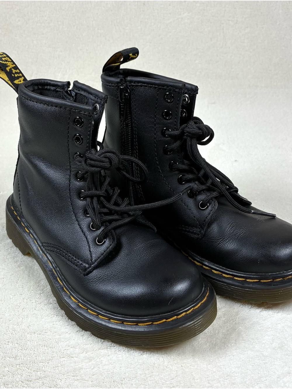 Dr. Martens Kids Black Leather Lace-Up Boots with Yellow Stitching